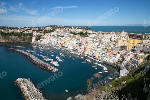 Preview: beautiful Procida island with colorful houses in sunny summer day, Italy