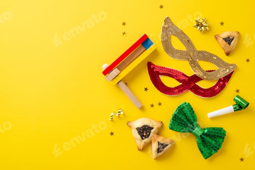 Preview: Happy Purim vibe snapshot. From above, top view of triangular pastries, carnival elements like masks