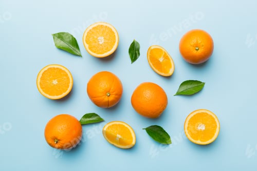 Preview: Fruit pattern of fresh orange slices on colored background. Top view. Copy Space.