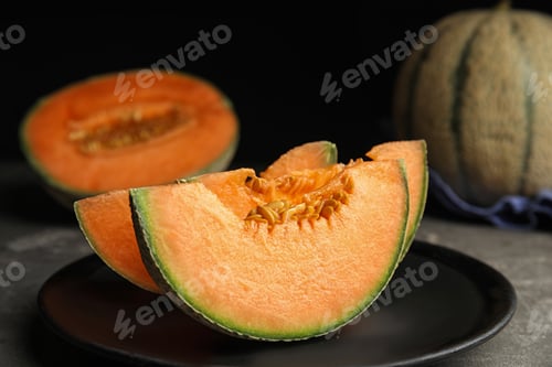 Preview: Slices of fresh ripe cantaloupe melon on grey table