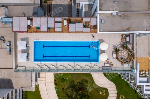 Preview: aerial view of Bulgaria's Albena resort during the summer season: an array of hotels, pools, and