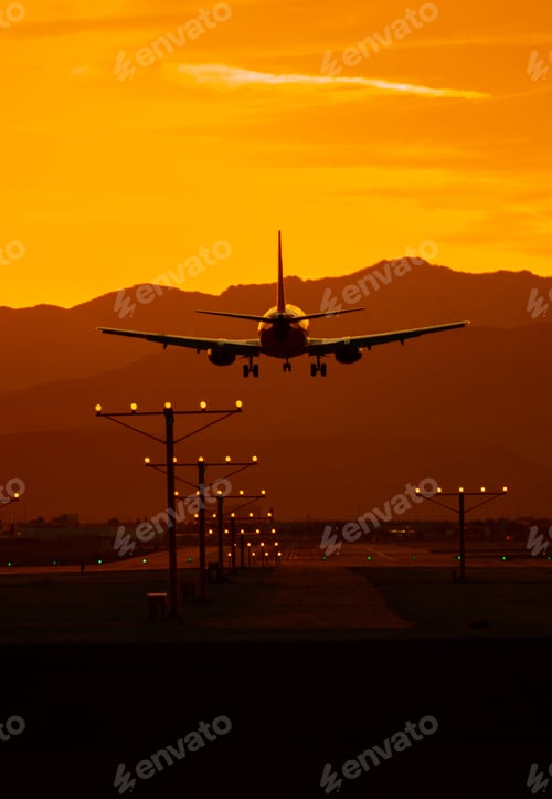 Preview: Airplane Landing at Airport During Golden Sunset