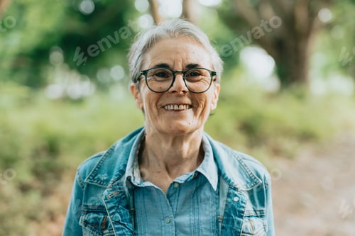 Preview: Portrait of older lady enjoying nature in forest, taking a walk breathing fresh air outside the city