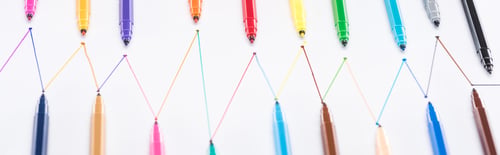 Preview: top view of felt-tip pens on white background with connected drawn lines, connection and