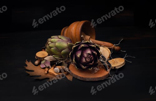 Preview: Artichokes and Wooden Bowl on Dark Background