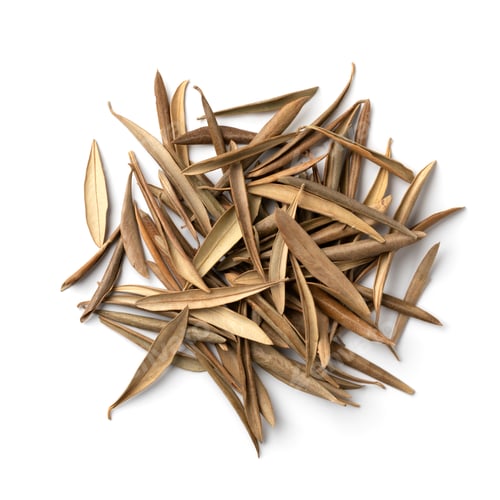 Preview: Heap of dried olive leaves as an ingredient on white background
