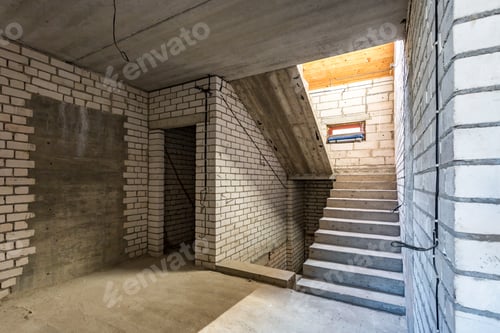 Preview: Unfinished Interior with Brick Walls and Concrete Staircase