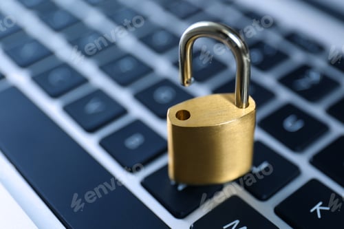 Preview: Metal padlock on laptop keyboard, space for text. Cyber security concept