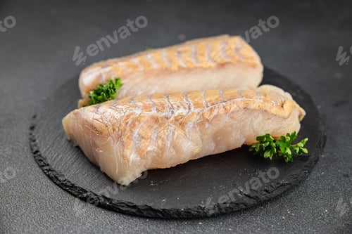Preview: White fish raw fillet seafood fresh tasty food dish gourmet food background on the table rustic food