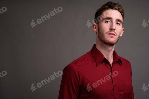 Preview: Handsome Man Posing in a Red Dress Shirt