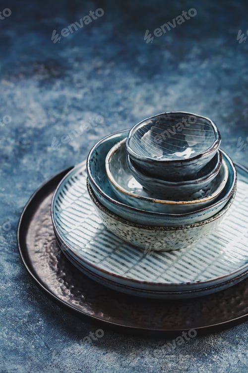 Preview: Tableware set on blue background.