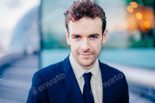 Preview: Portrait of young businessman in front of city office