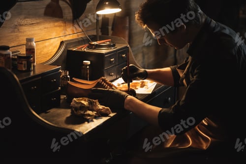 Preview: Concentrated man shoemaker at footwear workshop.