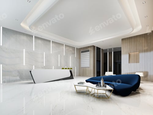 Preview: modern luxury hotel and office reception and lounge with blue sofa near lift corridor