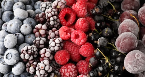 Preview: Many different frozen berries as background, top view
