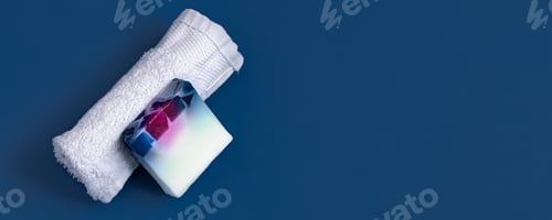 Preview: different body care items on blue color.