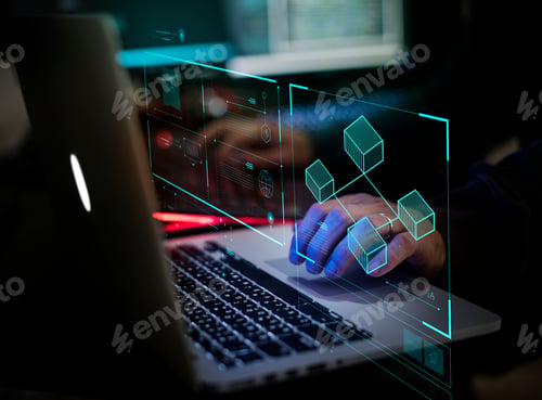 Laptop with Futuristic Interface for Business Concept