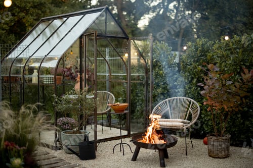 Preview: Beautiful garden with fireplace and glasshouse