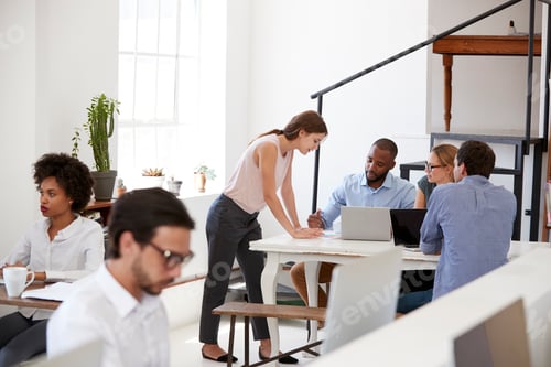 Preview: Woman working with colleagues at a desk in open plan office