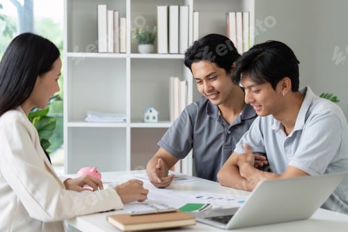 Preview: LGBTQIA gay couple consulting with financial advisor in modern office. Concept of financial