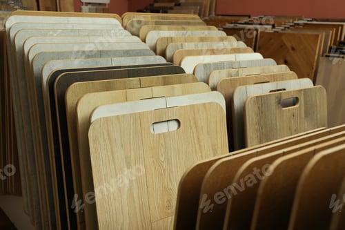 Preview: Many different samples of wooden flooring in store
