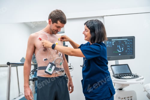 Preview: Female doctor putting the mesh and devices for the stress test cardiology test in the clinic
