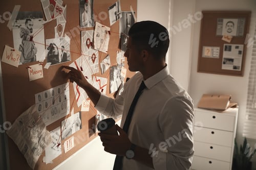 Preview: Detective looking at evidence board in office