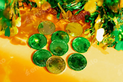 Preview: Nine St. Patrick's Day coins and a garland lie on a yellow background.