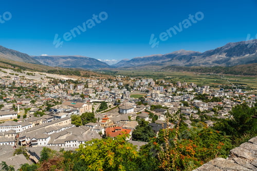Preview: The city from the viewpoint of the Ottoman castle fortress of Gjirokaster or Gjirokastra. Albanian
