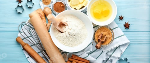 Preview: Baking background with ingredients for making gingerbread flour, eggs, kitchen tools, utensils and c