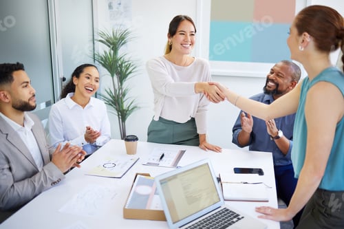 Preview: Business people, handshake and meeting applause for partnership, onboarding and thank you or congra