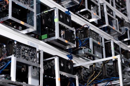 Preview: bottom view of shelves with equipment at ethereum mining farm