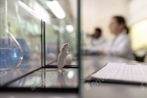 Preview: Cute white mouse looking upwards inside glass box