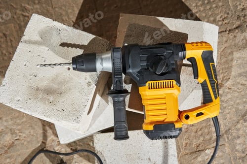 Preview: top view of a hammer drill with a heavy-duty drill lying on concrete blocks on the ground