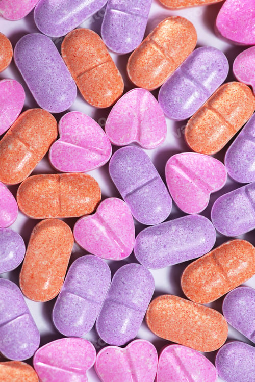 Preview: Closeup shot of a pile of bright colorful vitamin pills.