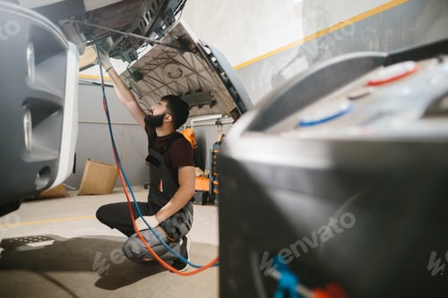 Preview: Auto mechanic repairing truck air conditioning system in garage