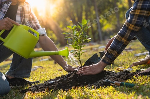 Preview: two men planting a tree and watering the trees to grow green forests reduce air pollution for peace