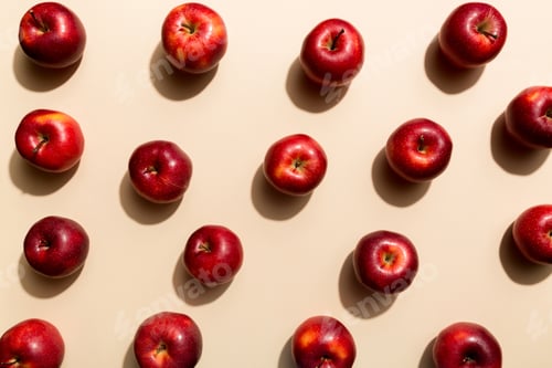 Preview: Many red apples on colored background, top view. Autumn pattern with fresh apple above view