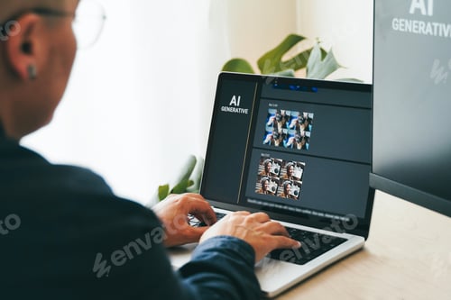 AI image generator app. Person creating photo art with Artificial Intelligence software in computer