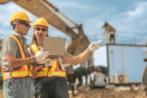 Preview: Construction workers review project plans on a tablet at a building site,