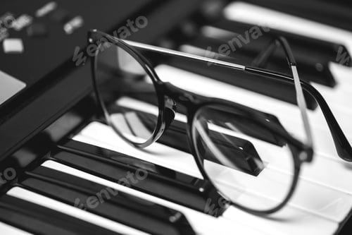 Preview: Closeup of eyeglasses on the synthesizer keyboard