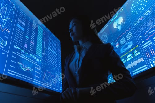 Preview: The business lady works with blue monitor.