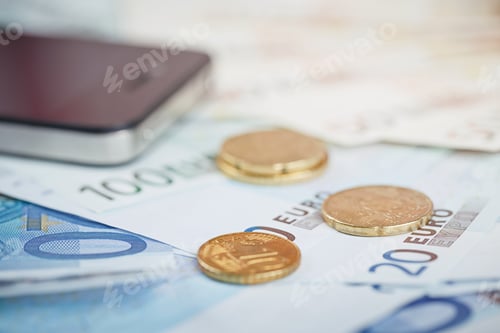 Preview: Close up of Euro Money Banknotes and Coins