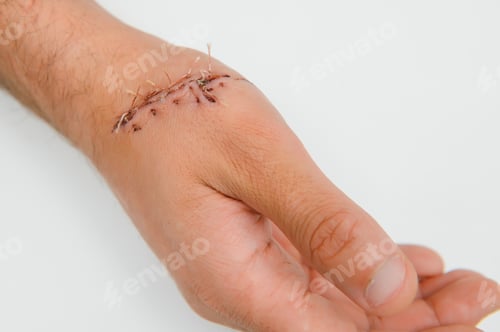 Preview: Suture wound on hand,Pain of accident concept