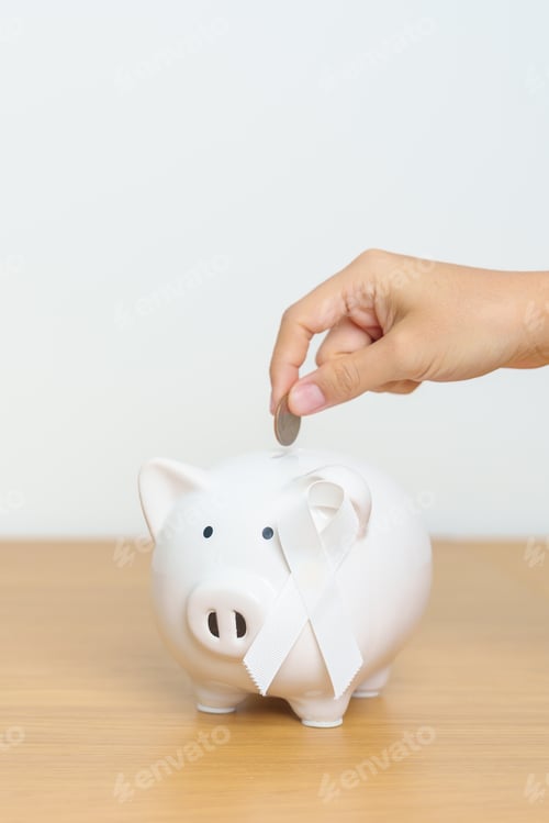 Preview: November Lung Cancer Awareness month, White Ribbon with Piggy Bank for support illness life.