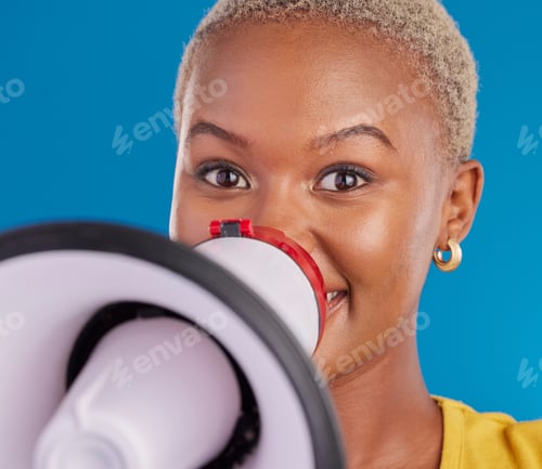 Preview: Megaphone, opinion and speaker with black woman in studio for change, democracy and protest. Vote,