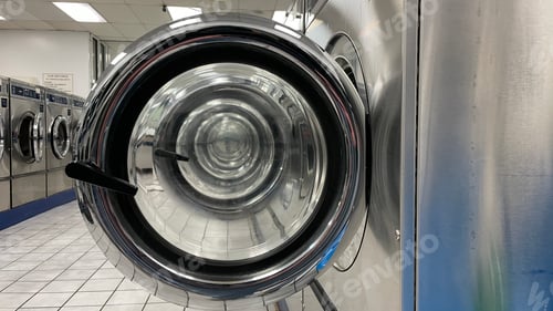 Vista previa: Door of a washing machine in a laundromat