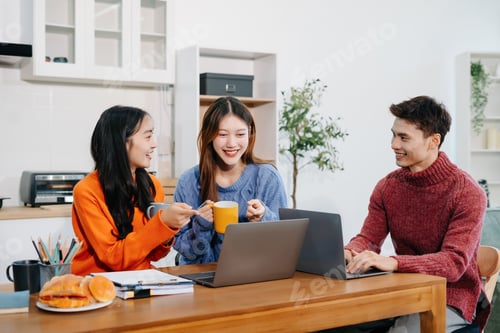 Preview: Office worker lifestyle people sit at table in the kitchen exchanging opinions, Teamwork success.