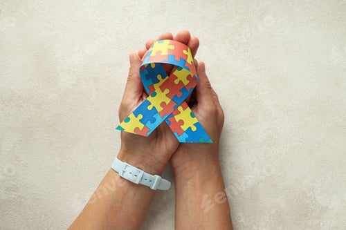 Preview: Ribbon with multi-colored puzzles on a light background. World autism day concept