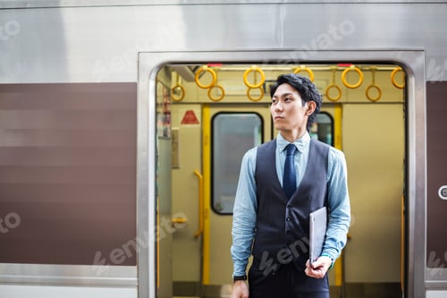 Preview: Businessman wearing blue shirt and vest standing on train station platform, holding laptop.